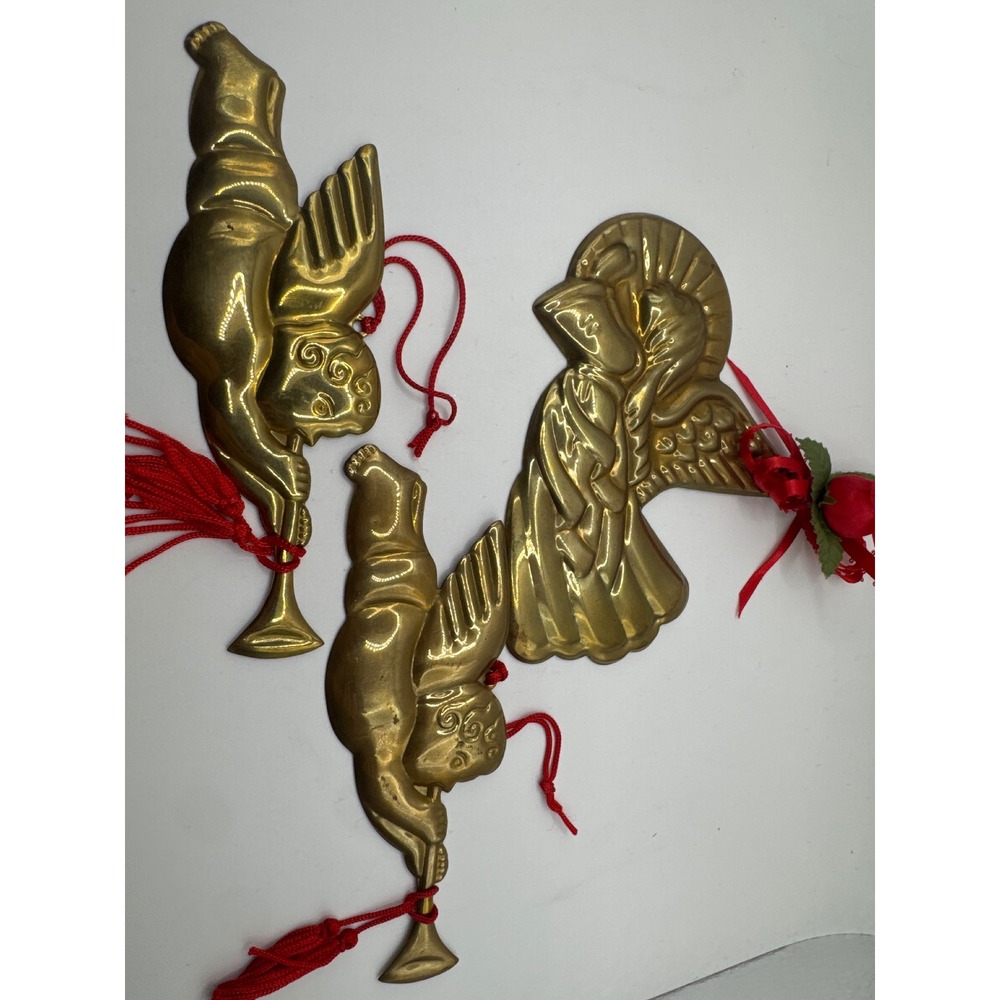Vintage Department 56 Brass Angel Ornaments Set of 3 Cherubs Trumpet Gold Decor